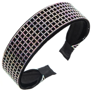 Sparkling crystal rhinestone padded headband with black velvet finish and diamond grid pattern