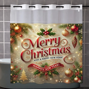 Beige Merry Christmas shower curtain with red festive baubles and golden pine needles
