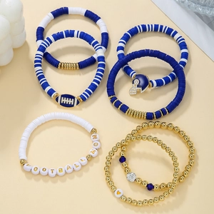 8-piece set of blue and gold football mom heishi bead bracelets with sports charms