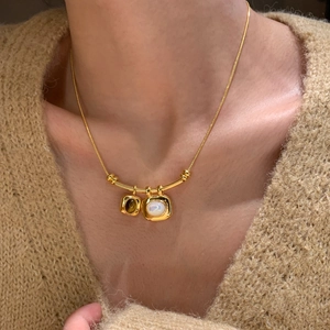 Collier Pendentif Vintage Pierre Oeil De Tigre Double Carré Coquille Plaqué Or 18K Chaîne Serpent Bijoux Femmes