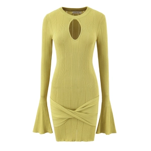 Robe en Maille Nervurée Vert Moutarde Chic pour Femme Manches Cloche Détail Ajouré Coupe Slim Robe Moulante Mini pour Automne Hiver