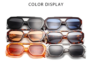 Color display of irregular double-bridge sunglasses in black, leopard, and orange