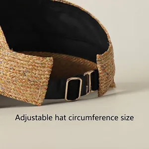 Adjustable raffia straw sun visor for women with elastic band and gold metal buckle
