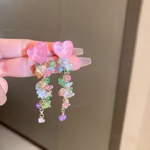 Boucles D'oreilles Pendantes Coeur En Alliage Cristal Coloré Étincelant Avec Tige En Argent Mode Coréenne Bijoux Doux Femmes