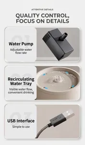 Detail view of silent ceramic pet water fountain pump and USB power cable system