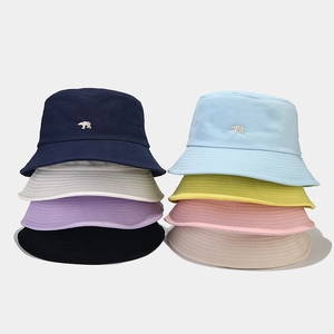 Cotton Bucket Hat With Bear Embroidery Wide Brim Sun Protection Foldable Casual Fisherman Cap For Women Men