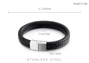 Detail view of black woven cowhide leather bracelet with magnetic stainless steel clasp