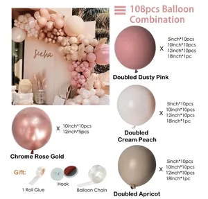 Détail du kit d'arche de 108 ballons rose poudré et abricot avec accessoires inclus
