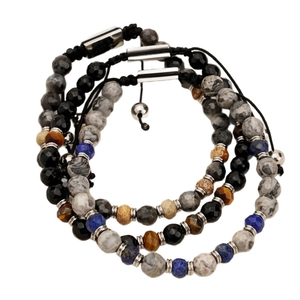 Adjustable men's beaded bracelet set with tiger eye, lapis lazuli and agate stones