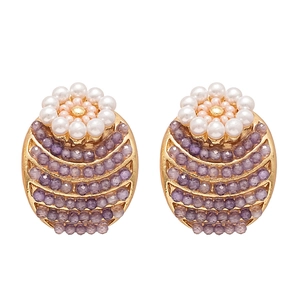 Vintage gold flower earrings with purple faceted beads and white pearls for women