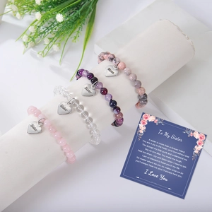 Set di braccialetti con perline di cristallo rosa, ciondolo a cuore e biglietto