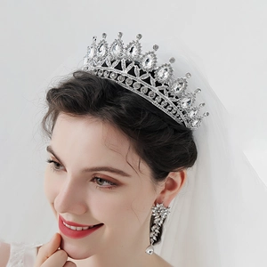 Baroque silver bridal tiara and crystal drop earrings set for wedding hair accessory