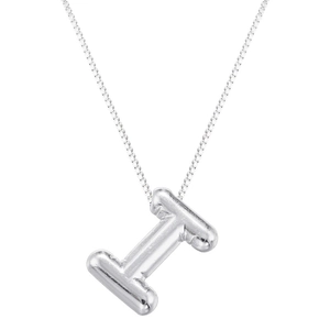 Polished silver puffy letter I pendant necklace with a fine box chain on white background