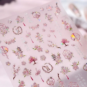 5D Embossed Nail Art Stickers Chinese Style Sakura Cherry Blossom Oriental Floral 3D Relief Laser Glitter Self Adhesive