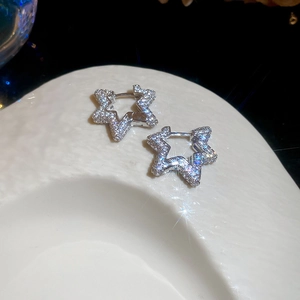 Detailed view of sterling silver star-shaped earrings paved with white zircon stones