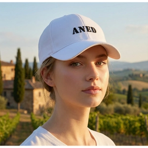 Detailed close-up of white baseball cap with black ANED embroidery in sunset vineyard