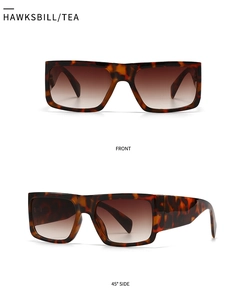 Front and 45-degree side views of tortoiseshell square sunglasses with tea gradient lenses