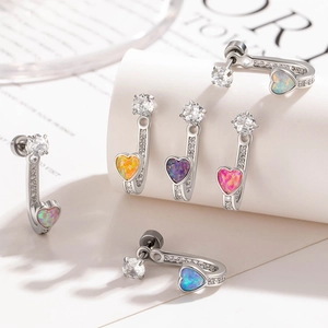 Elegant heart opal stud earrings with zirconia accents in polished stainless steel finish