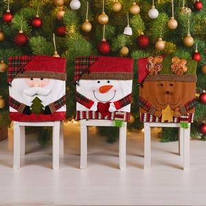 Christmas Chair Back Covers Cartoon Santa Claus Snowman Reindeer Fleece Fabric Home Dining Room Table Festive Decoration