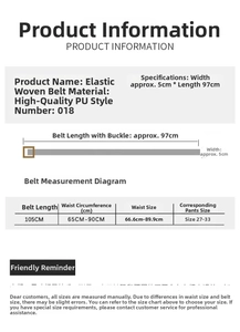 Size guide for women's elastic woven belt featuring detailed dimensions and waist measurements