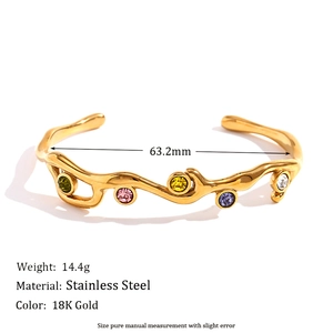 18K gold plated stainless steel branch bangle with colorful cubic zirconia stones