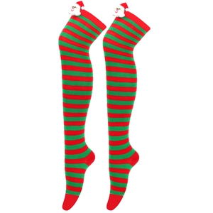 Detail of red and green striped Christmas over-knee socks with Santa Claus doll ornaments