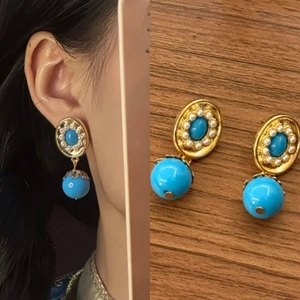Vintage Alloy Drop Earrings With 925 Sterling Silver Earring Post Blue Geometric Faux Artificial Pearl Ethnic Style Jewelry Women