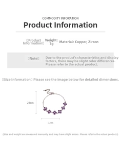 Detail view of purple zircon clover bracelet with dimensions 23cm length and 1cm charm