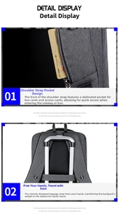 Detail of hidden shoulder strap card pocket and luggage belt on grey business backpack