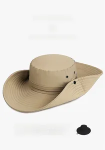 Detail of khaki wide brim sun hat with side snap buttons and ventilation eyelets