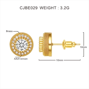 Detail view of 10mm gold halo stud earrings with AAA zircon and brass base dimensions