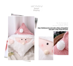 Detail of pink glitter knit Santa hat and soft white plush beard on Christmas pillow cover