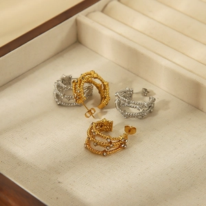 Twisted C-shaped 18k gold and silver plated stainless steel hoop earrings with crystals