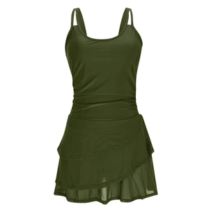 Detail of army green swimsuit with slimming waist ruching and tiered ruffle skirt