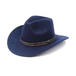 Detail of dark blue western wool fedora with brown leather band and metallic buckle