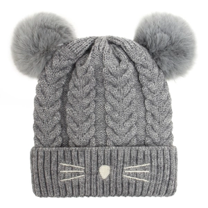 Cute grey baby knit hat with faux fur pom-poms and cat embroidery for winter