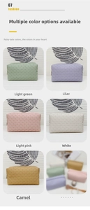 Detail of woven texture toiletry bags in light green, lilac, pink, white, and camel tones