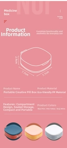 Detailed size specifications and color options for the portable mini pill organizer box