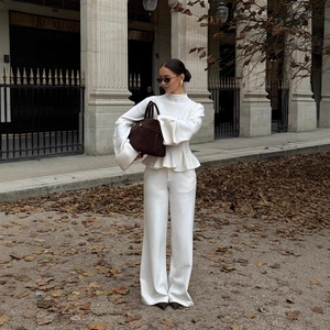 Femme Tricot Haut À Manches Longues Et Pantalon Large Col Écharpe Décontracté Mode Automne Hiver Couleur Unie
