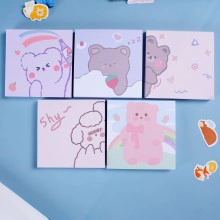 Set of 5 cartoon bear memo pads in pastel purple and pink colors on light blue background