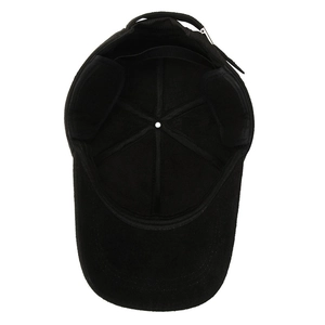 Black baseball cap with ear flaps and warm lining featuring adjustable metal buckle