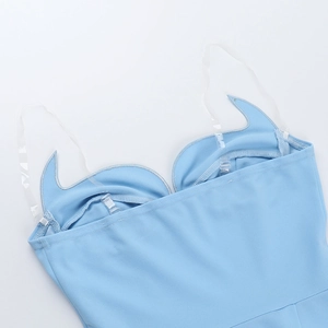 Detail of light blue bodycon dress with pointed neckline and clear plastic straps
