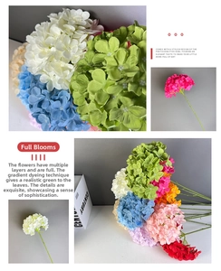 Close-up of dense silk petals and realistic leaf textures on big artificial hydrangeas
