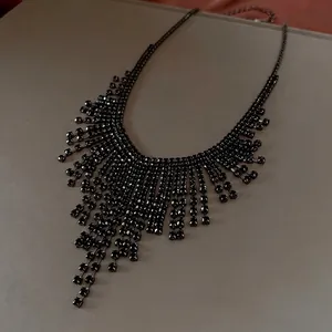 Vintage style black rhinestone tassel necklace with elegant cascading fringe design
