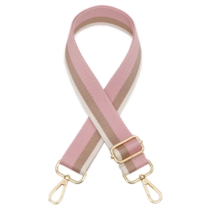Adjustable striped bag strap in pink tan and white fabric with gold metal hardware