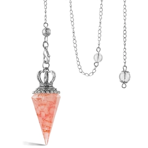 Detail of rose quartz resin cone pendulum with copper coil and silver crown cap decoration