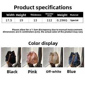 Detailed size specifications and color options for the quilted pearl bucket bag