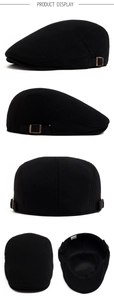Detailed views of cotton flat cap with bronze metal buckle and interior fabric labels