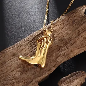 Cowboy Boot Pendant Necklace Retro Western Style Engraved Copper Jewelry Street Party Gift For Women
