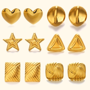 Set of six pairs of gold-plated geometric stainless steel stud earrings in various shapes